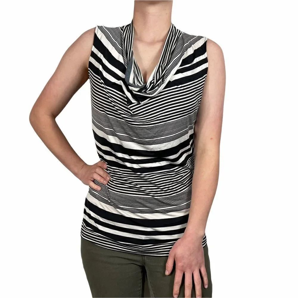 WORTHINGTON Black/Ivory Stripe Cowl Neck Top